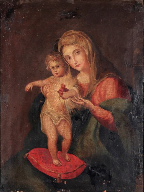 Scuola Italiana Inizio XIX Secolo - “Madonna con Bambino e Sacro Cuore”, dipinto ad olio su tela, lieve difetto alla tela
