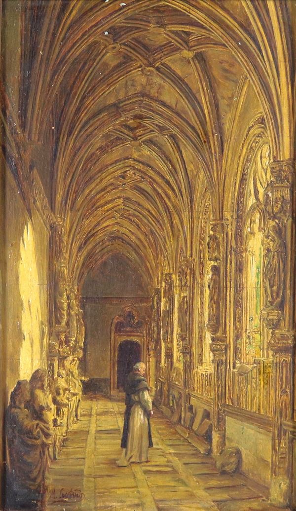 Pittore Spagnolo XIX Secolo - Firmato. “Interno di cattedrale spagnola con frate", piccolo dipinto ad olio su tavoletta