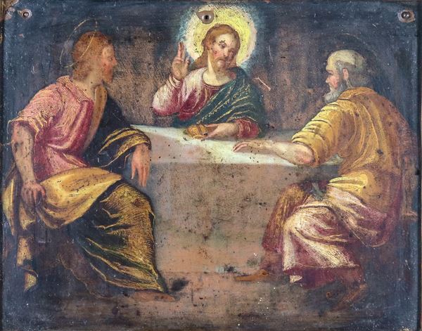 Scuola Italiana Inizio XVIII Secolo - “La cena di Emmaus”, piccolo dipinto ad olio su rame