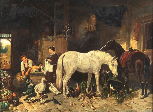 Scuola Italiana XIX Secolo - “Interno di stalla con contadini, animali e cavalli”, dipinto ad olio su tela