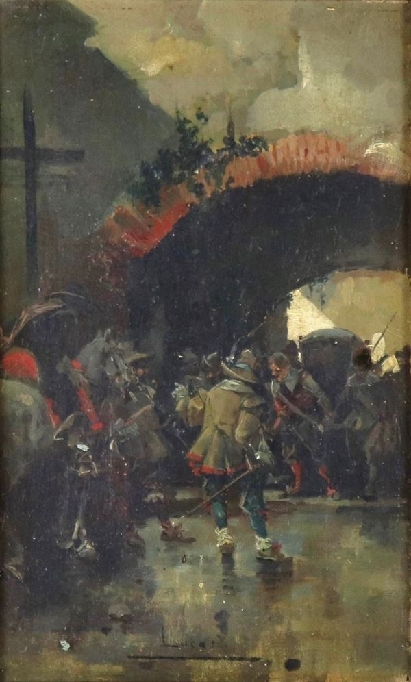 Eugenio Lucas Velasquez - Signed. “The meeting of the knights”, small oil painting on panel