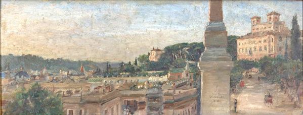 y Juan Vicente Poveda - Firmato. “Veduta di Villa Medici a Trinità dei Monti”, piccolo dipinto ad olio su tavola
