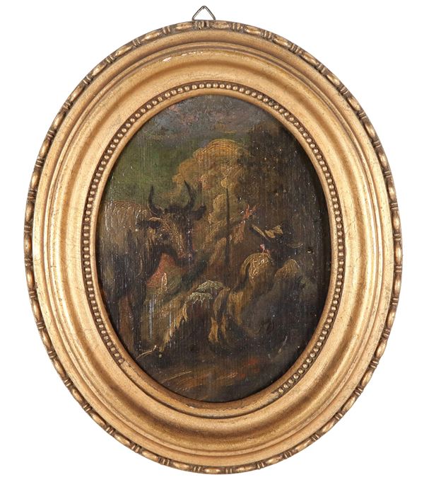 Pittore Fiammingo Inizio XVIII Secolo - "Pastore con mucca", piccolo dipinto ovale ad olio su tavoletta