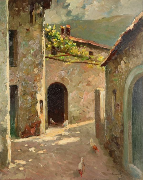 Tito Corbella - Signed. “Glimpse of a Lazio town with a narrow street and chickens scratching around”, oil painting on masonite