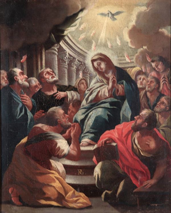 Pittore Napoletano Inizio XVIII Secolo - "La Pentecoste con la discesa dello Spirito Santo", dipinto ad olio su tela