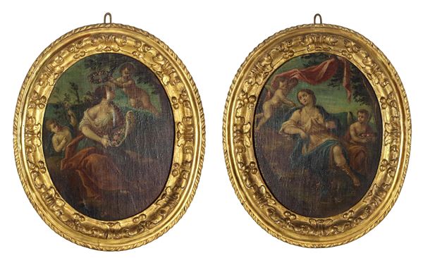 Scuola Bolognese Inizio XVIII Secolo - "The Goddess of Spring and the Goddess of Summer with cherubs", pair of small oval oil paintings on canvas applied to the table