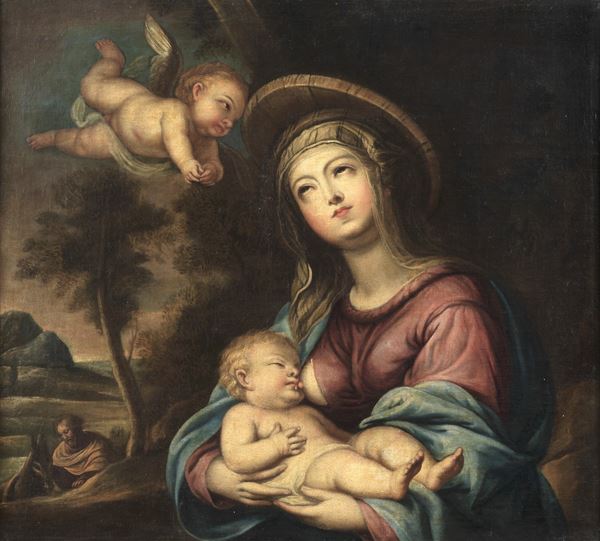 Maestro Italiano Fine XVII Secolo - “The stop during the flight into Egypt”, a valuable oil painting on canvas of excellent pictorial execution