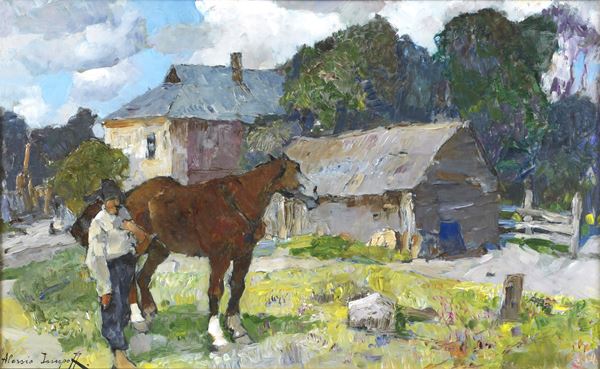 Alessio Issupoff - Firmato. "Paesaggio russo con casa contadina, contadino e cavallo", dipinto ad olio su compensato