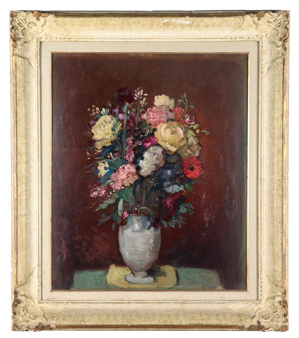 Gino Mandolesi - Firmato. "Vaso con mazzo di fiori", dipinto ad olio su compensato