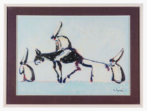 Giuseppe Succi - Signed. "Pulcinella with donkey", oil painting on canvas