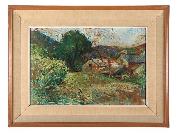 Pittore Italiano Arte Contemporanea - "Paesaggio collinare con case contadine", dipinto ad olio su tela
