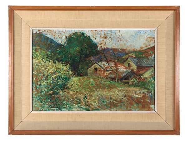 Pittore Italiano Arte Contemporanea - "Hill landscape with peasant houses", oil painting on canvas