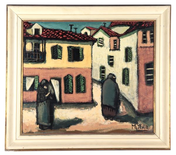 Yehya Mustapha (Attiva nel XX Secolo) - Firmato. "Villaggio arabo", dipinto ad olio su tela