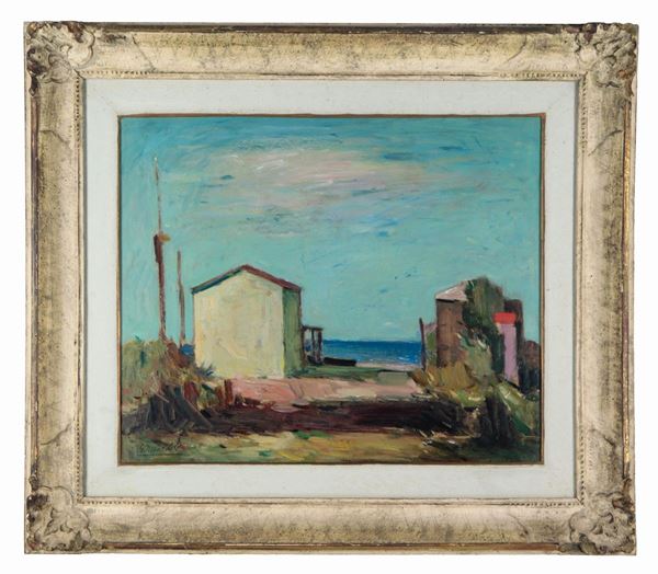 Gino Mandolesi - Signed. "Casotti on the beach", oil painting on masonite