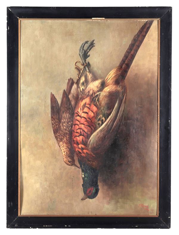 Pittore Italiano XIX Secolo - Firmato. "Natura morta con cacciagione", dipinto ad olio su compensato