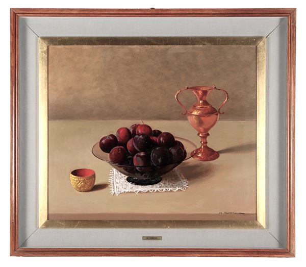 Mario Simoni - Signed. "Still life with plums and pottery", oil painting on masonite