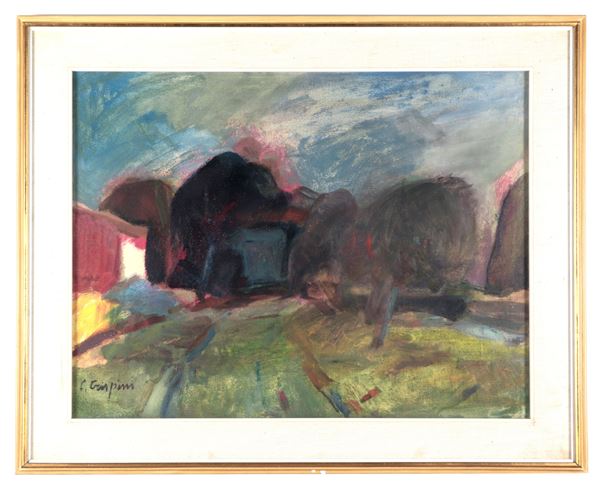 Carlo Crispini - Firmato. "Paesaggio", dipinto a tecnica mista su tela