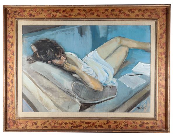 Marcello Muccini - Signed. "Young girl lying down", oil painting on canvas