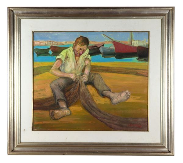 Ezio Castellucci - Firmato. "Porticciolo di pescatori con pescatore che ripara le reti", luminoso dipinto ad olio su tela