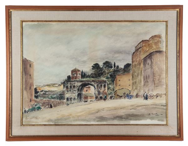 Michele Cascella - Firmato e datato Roma 1931. 'Veduta dell'Arco di Giano con personaggi', dipinto su cartoncino applicato a tela e a tecnica mista