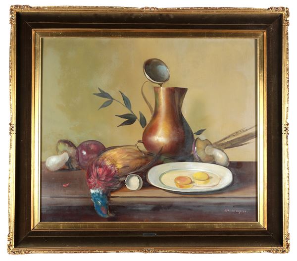 Adriano Gajoni - Firmato. "Natura morta con uova, funghi e cacciagione", dipinto ad olio su masonite