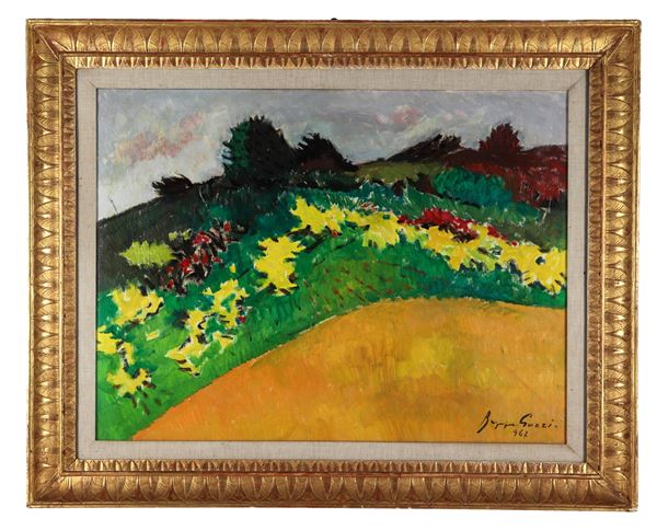 Giuseppe (Beppe) Guzzi - Firmato e datato 1967. "Paesaggio collinare con prato fiorito", dipinto ad olio su tela