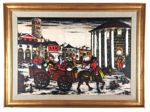 Gennaro Picinni - Firmato. "Piazza della Bocca della Verità con il Tempio di Vesta e carretto di popolani", dipinto ad olio su compensato