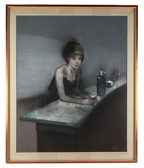 Alberto Sughi - Firmato. "Ragazza al bancone del bar", dipinto ad olio su tela