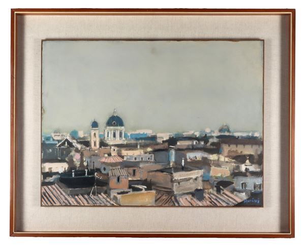 Marcello Muccini - Firmato. "Tetti di Roma", dipinto ad olio su tela