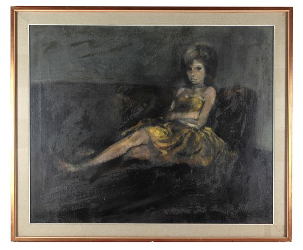 Alberto Sughi - Firmato. "Ragazza sul divano", dipinto ad olio su tela