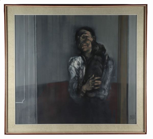 Alberto Sughi - Signed. "Smiling girl with dog", oil painting on canvas