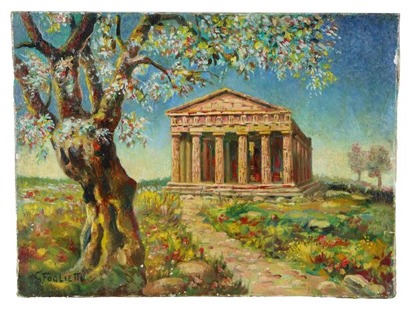 Pittore Italiano Inizio XX Secolo - Firmato. "Il Tempio della Concordia ad Agrigento", piccolo dipinto ad olio su tela