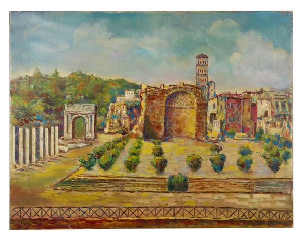 Pittore Italiano Inizio XX Secolo - "Veduta della Basilica di Massenzio sul Palatino", dipinto ad olio su tela
