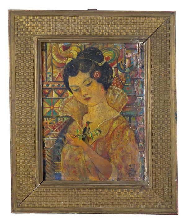 Pittore Europeo Fine XIX Secolo - "Chinese girl with bird", small oil painting on damaged panel