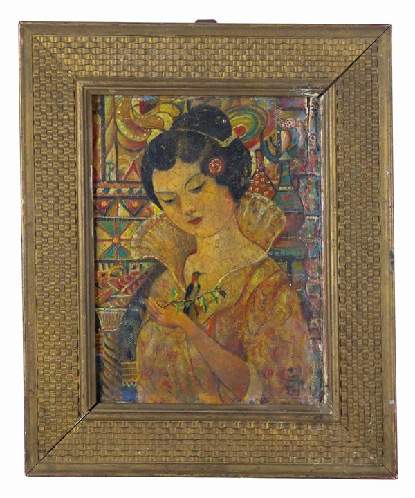 Pittore Europeo Fine XIX Secolo - "Chinese girl with bird", small oil painting on damaged panel