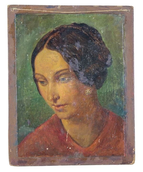 Pittore Italiano Fine XIX Secolo - "Ritratto di giovane donna con orecchini", piccolo dipinto ad olio su tela applicata a cartone pressato