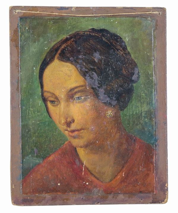 Pittore Italiano Fine XIX Secolo - "Portrait of a young woman with earrings", small oil painting on canvas applied to pressed cardboard