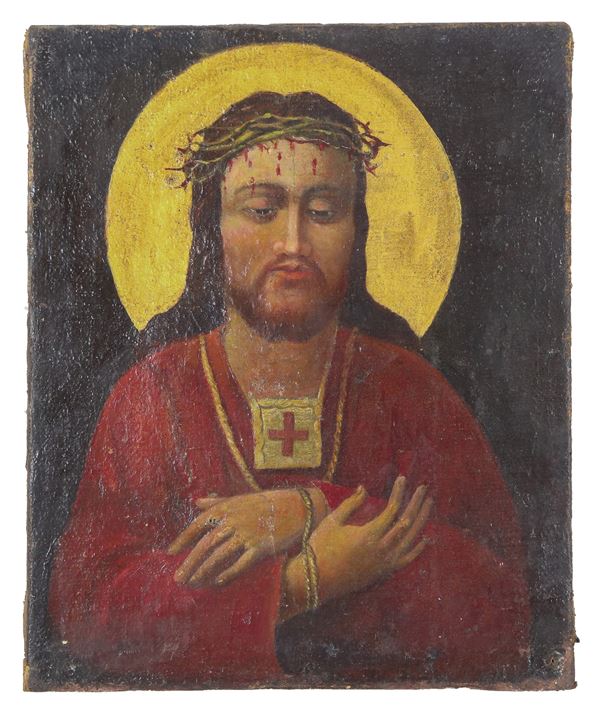 Scuola Italiana XIX Secolo - "Ecce Homo", piccolo dipinto ad olio su tela con lievi difetti