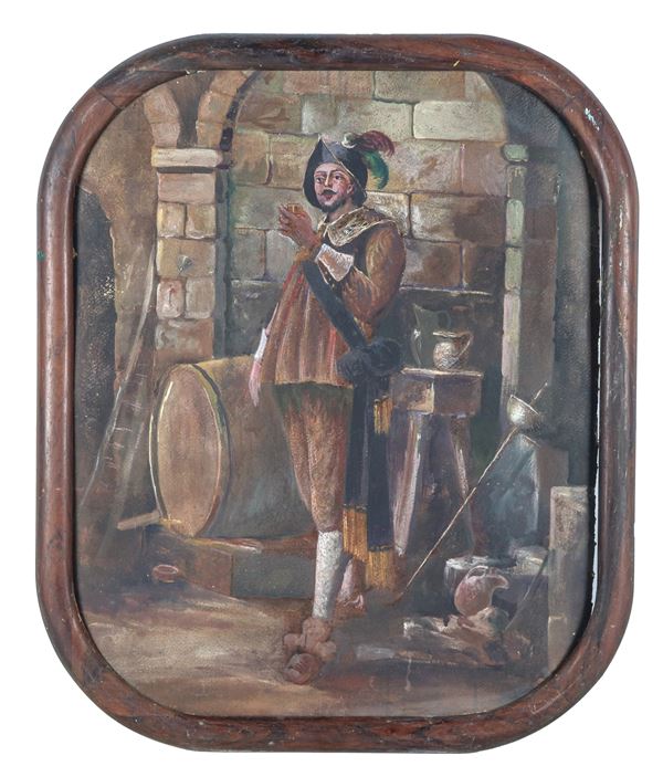 Pittore Italiano Inizio XX Secolo - "Interior of an inn with a swordsman", oil painting on damaged cardboard