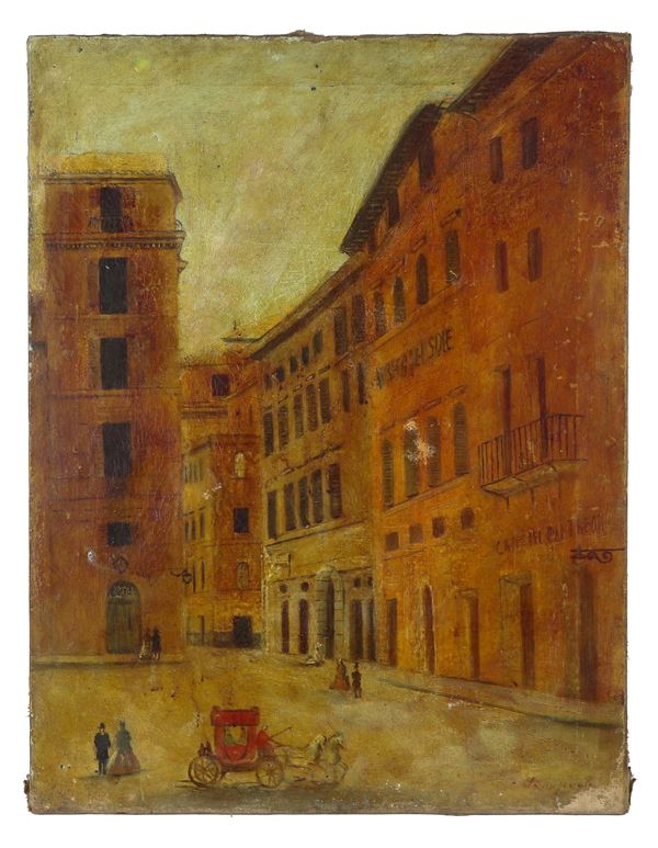 Pittore Italiano Inizio XX Secolo - Traces of signature. "Glimpse of Old Rome with figures", oil painting on canvas which has various defects