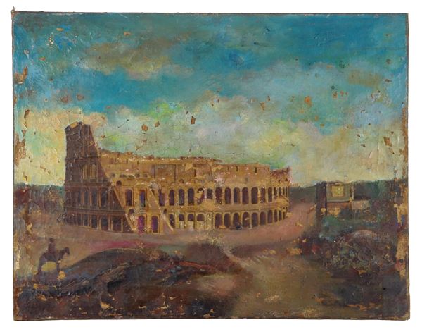 Pittore Italiano Fine XIX Secolo - "Veduta del Colosseo", dipinto ad olio su tela con difetti e varie cadute di colore
