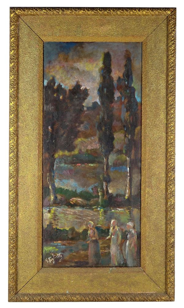 Pittore Italiano Inizio XX Secolo - Firmato. "Paesaggio con laghetto, ruscello e viandanti", dipinto ad olio su tela