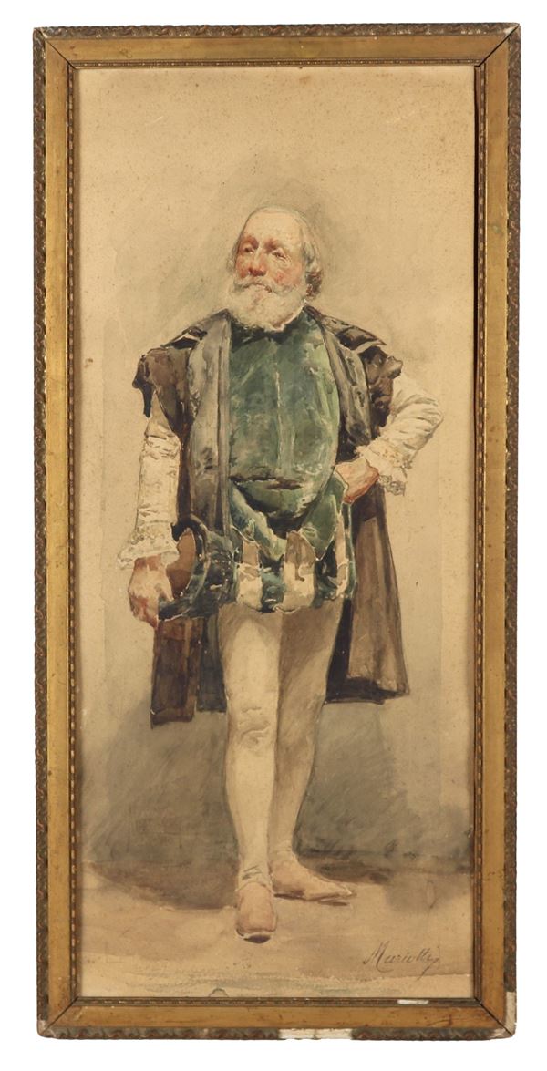 Leopoldo Mariotti - Signed. "Nobleman in costume", fine watercolor on paper