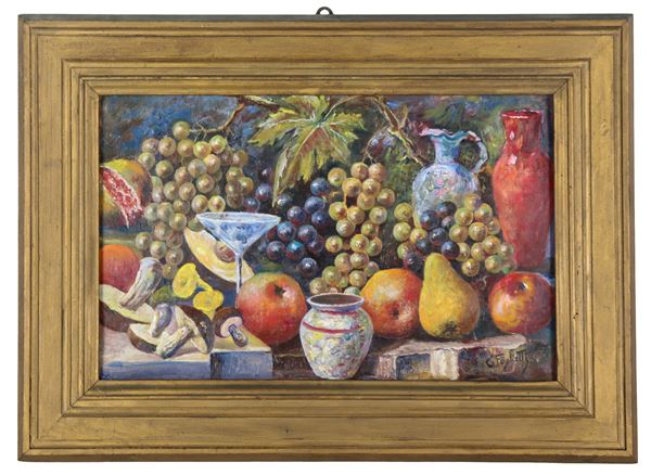 Pittore Italiano Inizio XX Secolo - Signed. "Still life of fruit and pottery", small bright oil painting on cardboard