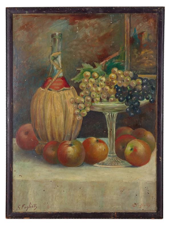 Pittore Italiano Inizio XX Secolo - Signed. "Still life with fruit and flask of wine", small oil painting on plywood