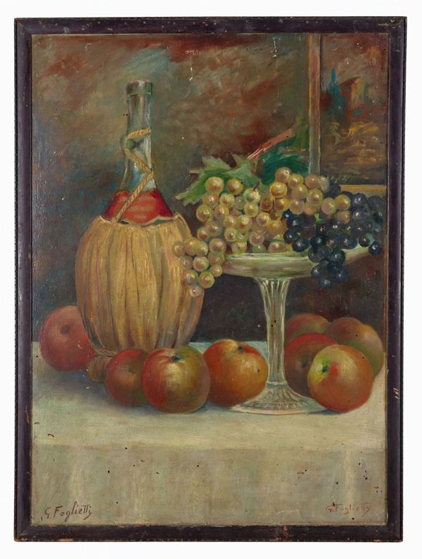 Pittore Italiano Inizio XX Secolo - Signed. "Still life with fruit and flask of wine", small oil painting on plywood