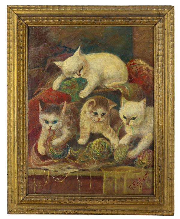 Pittore Italiano Inizio XX Secolo - Signed. "Kittens playing", small oil painting on canvas applied to cardboard