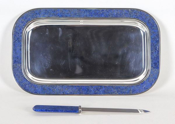 Small mail tray in 925 silver with letter opener, edge and handle covered in hard blue stone (2 pcs), gr. 620 approximately
