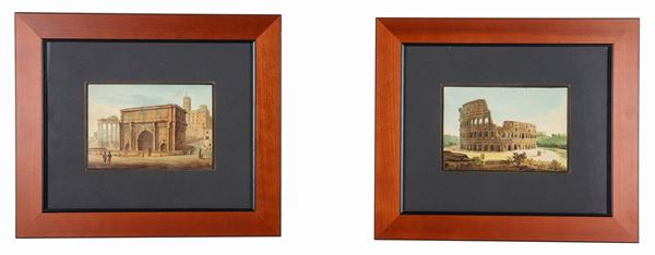 "Views of the Colosseum and the Arch of Septimius Severus". 19th century Rome, pair of small gouaches on paper