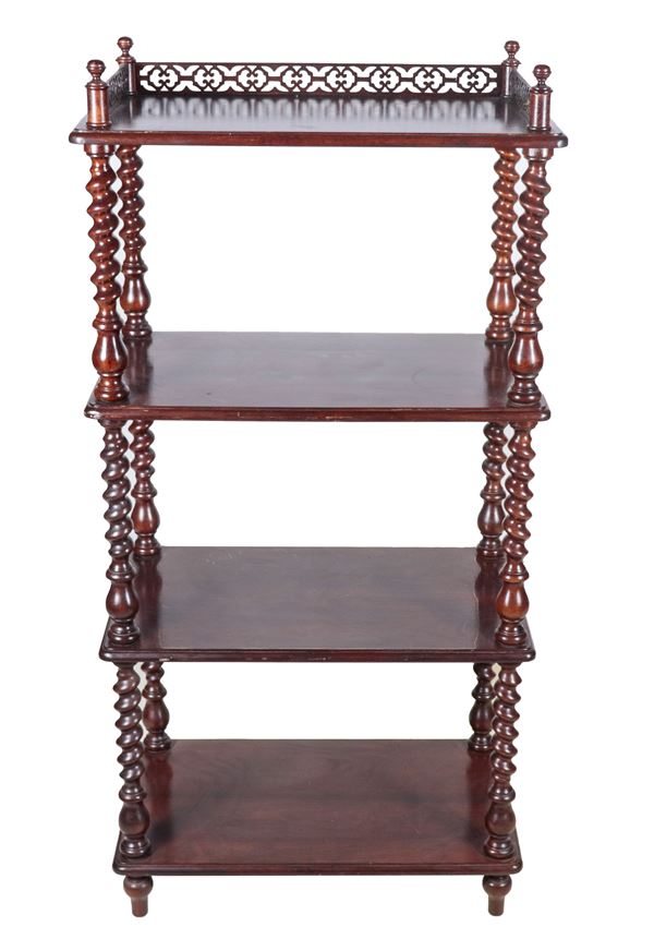 Etagere in four-storey mahogany, with uprights and twisted columns and perforated railing on the top